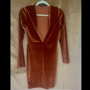 Plunging Velvet Pencil Dress in Burnt Orange